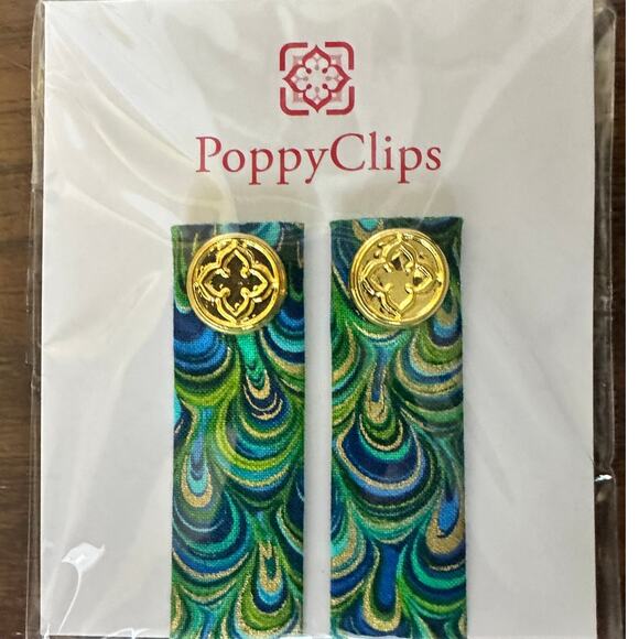 Green and Blue Peacock Print PoppyClips with Gold Button - Picture 1 of 2